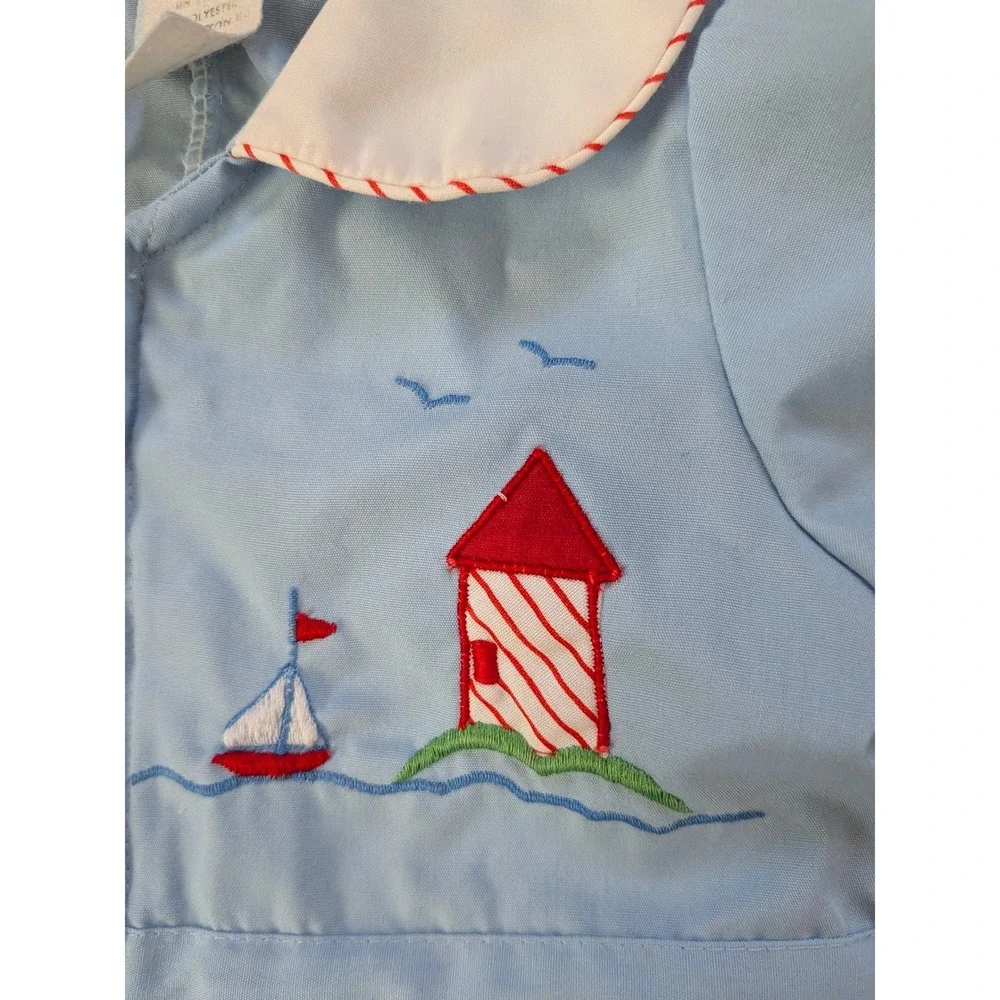 Vintage Baby Boy Blue Lighthouse Embroidered Romper Sun Suit 6-9 Nautical Snaps
